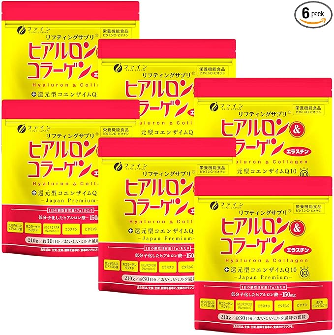 FINE Japan Collagen Peptides. Hyaluronic & Collagen + Ubiquinol. Marine Collagen Powder with Elastin. Non-GMO. Supports Skin, Hair, Joints and Bones. (210g/7.4oz x Approx. 28 Days Course) Set of 6