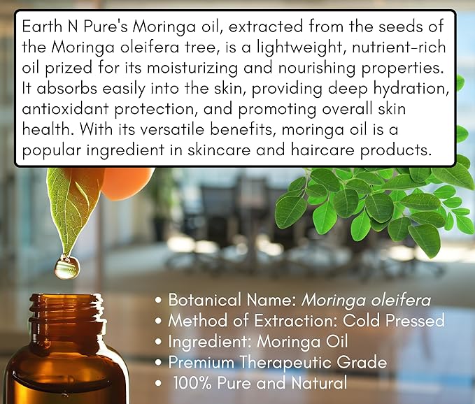 Earth N Pure Moringa Oil Cold Pressed, Pure and Natural with Glass Dropper 15 ml