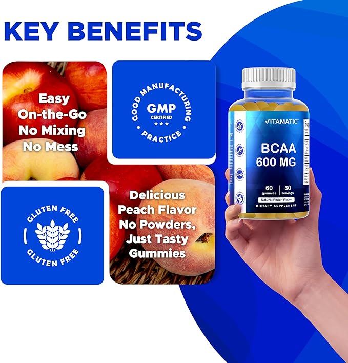 Vitamatic BCAA Gummies - Branch Chain Amino Acid Supplements - Peach Flavor - 600mg per Serving - 60 Vegan Pectin Based Gummies (2 Bottles)