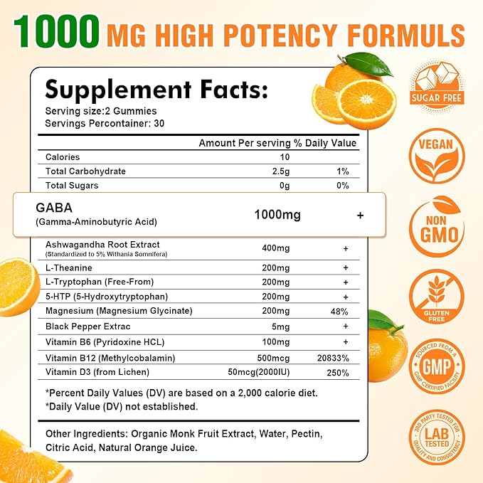 GABA Gummies for Adults, Relaxation, Zzz & Mood – Sugar-Free Calm Gummies with L-Theanine, 5-HTP, Vitamin D3 – Natural Zzz Support, GABA Supplements for Kids, Orange Flavor, 120 Count