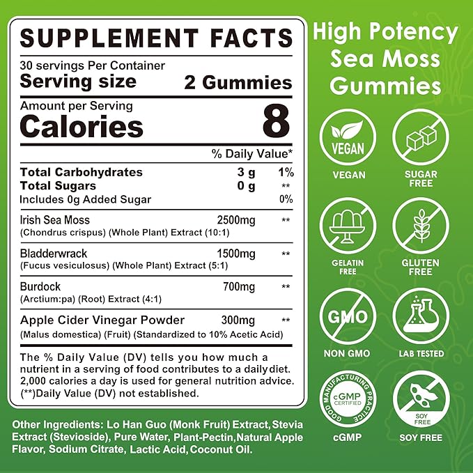 Sea Moss Gummies - Irish Sea Moss Gummies for Adults & Kids - Advanced Superfood Seamoss Supplement with Organic Bladderwrack & Burdock Root Extract，ACV for Daily Immune, Gut Cleanse, Vegan, 60 Counts