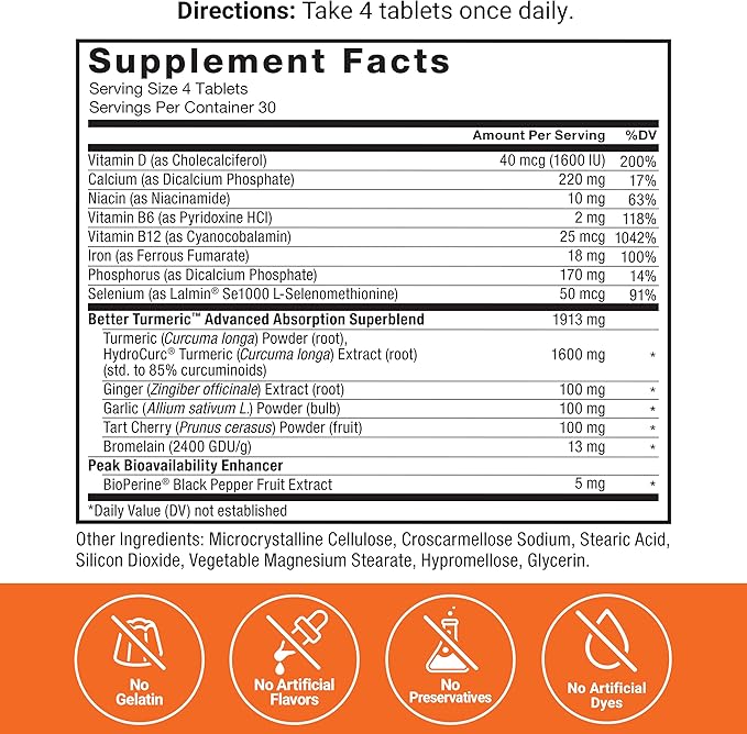 FORCE FACTOR Better Turmeric Curcumin 1600mg with Black Pepper & Ginger, Clinical Strength Joint Support Supplement, Superior Absorption, 120 Tablets