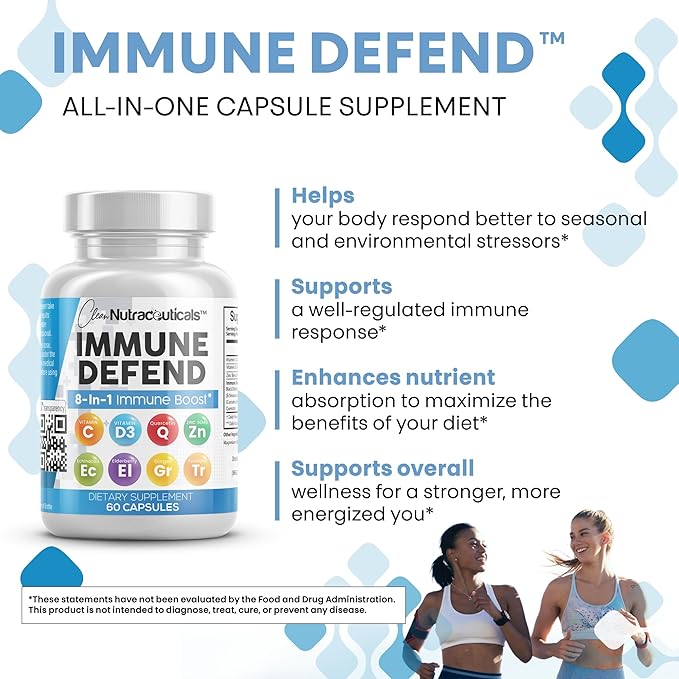 Immune Defense Support Supplement 8 in 1 w/ Zinc 50mg Quercetin, Vit C 1000mg, Vitamin D3 5000 IU, Elderberry, Turmeric Curcumin, Ginger, Echinacea - Immunity System Booster Adults Vegan - 60Ct (2)