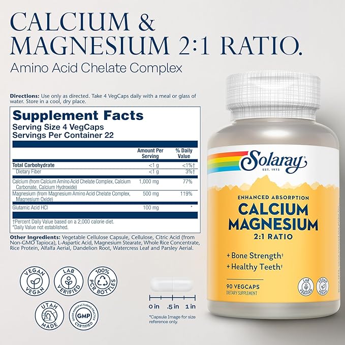 SOLARAY Calcium Magnesium Supplement, Magnesium & Calcium Supplements for Women and Men, 2:1 Ratio, Bone Health & Strength, Vegan, High Absorption, 60-Day Guarantee, 22 Servings, 90 VegCaps