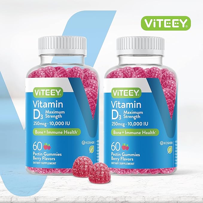 VITEEY Vitamin D3 Gummies for Adults & Teens - 10,000 IU, 250mcg, Maximum Strength - Joint & Muscle Health, Immune Boost - Chewable Vitamin D Gummies - Vegetarian, Gelatin Free - Tasty Berry Flavored