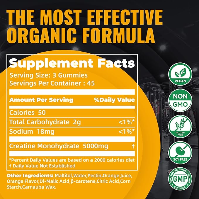 Natures Aid NSF Certified Creatine Gummy 5g - Creatine Monohydrate Gummies – Pre-Workout Energy & Muscle Growth Support for Men & Women | Orange Electrolyte Gummies (135 Count)