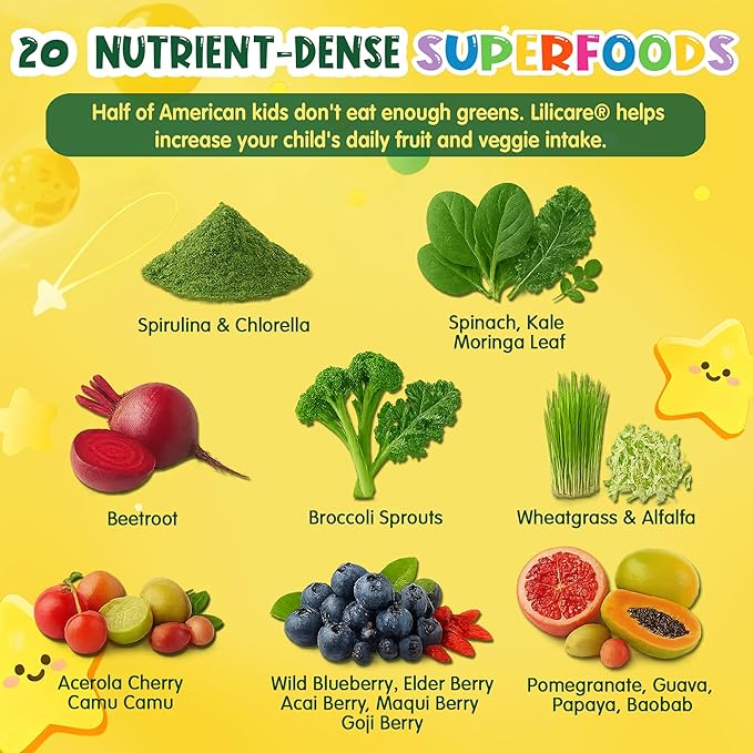 Kids Super Greens Gummies, Superfood Multivitamin for Kids, 20+ Veggie, Fruit, Vitamin, Mineral, Probiotic, Kids Vitamin Gummies for Growth, Immunity, Digestion, Picky Eater Approved, Sugar Free 2Pack