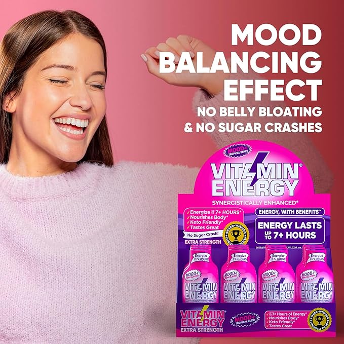 Vitamin Energy Mood+ Extra Strength Energy Shot Tropical Berry 48 Pack, 260mg Natural Caffeine, B-Vitamins, Rhodiola, Chamomile, Mood & Energy Support, Zero Sugar, Gluten-Free, Vegan, 1.93 fl oz