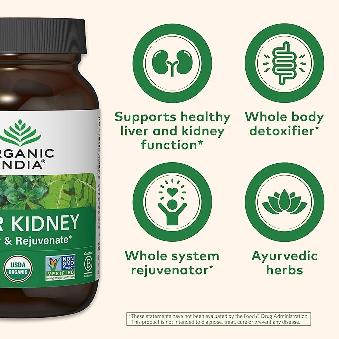 ORGANIC INDIA Liver Kidney Herbal Supplement - Detoxify & Rejuvenate, Supports Healthy Liver & Kidney Function, Vegan, Gluten-Free, Kosher, USDA Certified Organic, Non-GMO - 90 Capsules