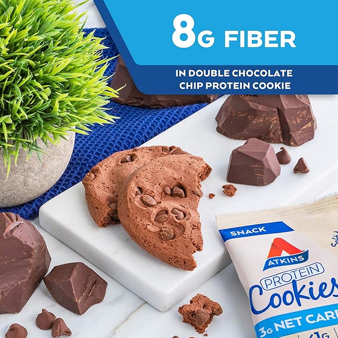 Atkins Double Chocolate Chip Protein Cookie, Protein Dessert, Rich in Fiber, 3g Net Carbs, 1g Sugar, Keto Friendly, 4 Count