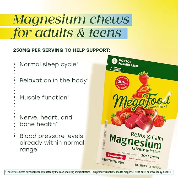 MegaFood Relax + Calm Magnesium Complex with Magnesium Citrate & Malate for Heart Health, Muscle Tension & More – Doctor Formulated - Vegetarian – Strawberry Flavor - 30 Soft Chews (2 Pack)
