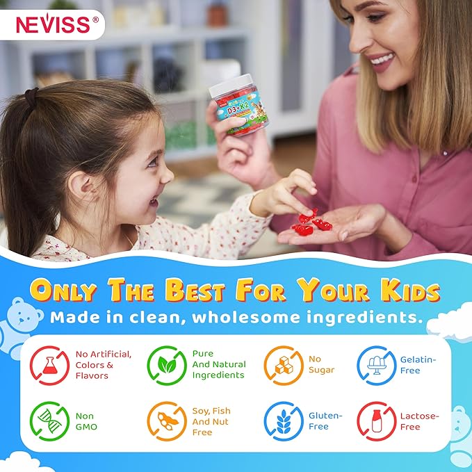 Vitamin D3 K2 Gummies for Kids + Calcium, Magnesium, Zinc, Phosphorus, Vitamin C, Kids Multivitamin D3 & K2 Supplement for Bone Health, Calcium Absorption, Focus & Immunity, Non GMO, Sugar Free, 2Pack