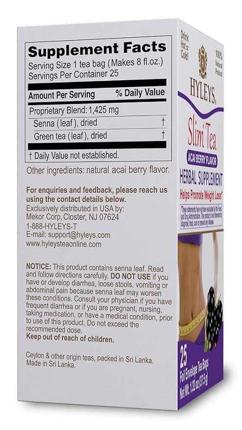 Hyleys Slim Tea Acai Berry Flavor - Weight Loss Herbal Supplement Cleanse and Detox - 25 Tea Bags (12 Pack)