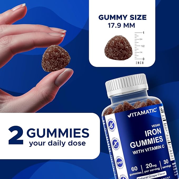 Vitamatic Iron Gummies Supplement for Women & Men - 20mg Serving - 60 Vegan Gummies - Great Tasting Iron Gummy Vitamins with Vitamin C (60 Count (Pack of 3))
