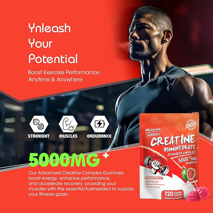Creatine Monohydrate Gummies 5000mg for Men & Women -120 Gummies Advanced Formula, Muscle Strength, Muscle Builder, Energy Boost, Pre-Workout Supplement-Watermelon