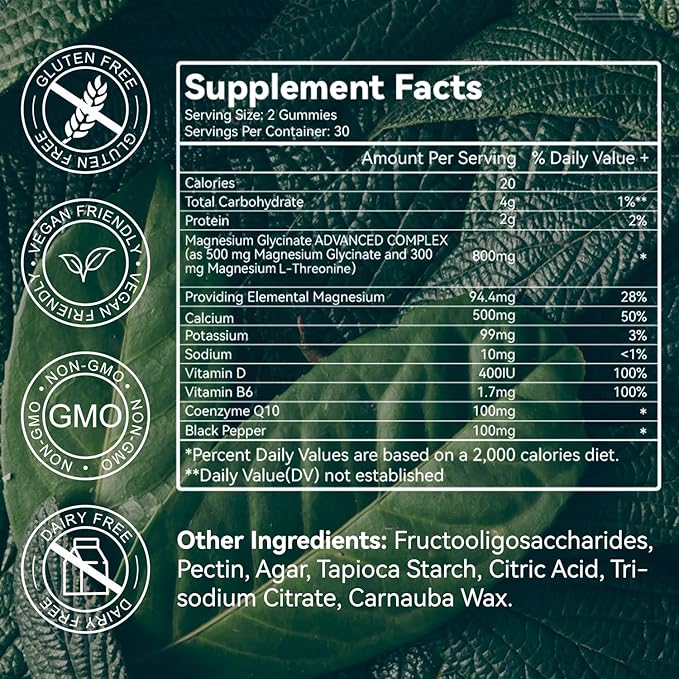 Magnesium Glycinate Gummies 500mg with L-Threonate 300mg - Sugar-Free Magnesium Potassium Supplement with Vitamin D, B6, CoQ10 - Strawberry Flavored - 60 Gummies