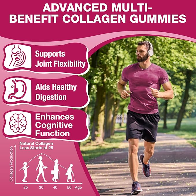Sugar-Free Multi Collagen Gummies for Women & Men – Types I, II, III, V, X with Biotin, Vitamin C & Zinc for Hair, Skin & Nails | Strawberry Flavor | 120 Gummies