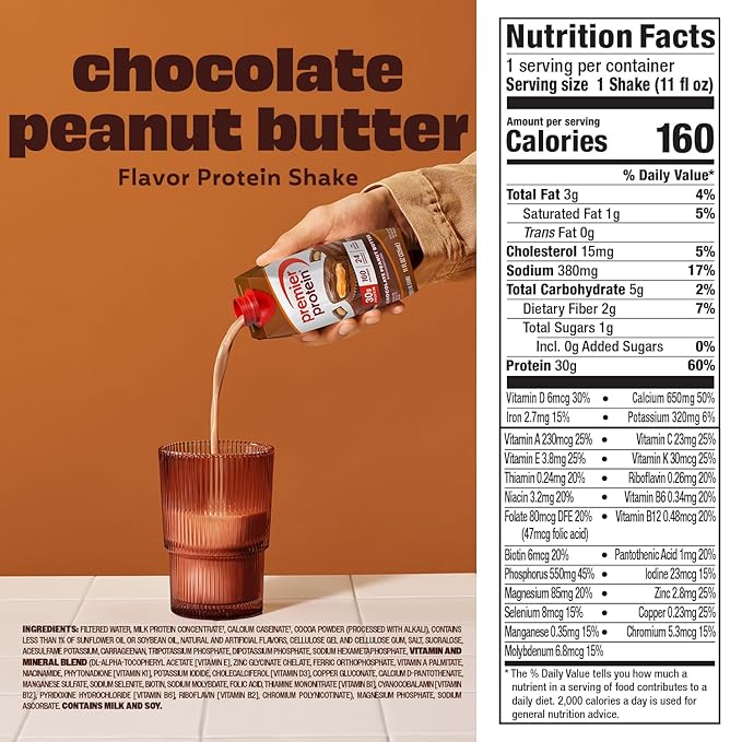 Premier Protein Shake, Chocolate Peanut Butter, 30g Protein, No Added Sugar, 24 Vitamins & Minerals to Support Immune Health, 11 fl oz, 12 Pack