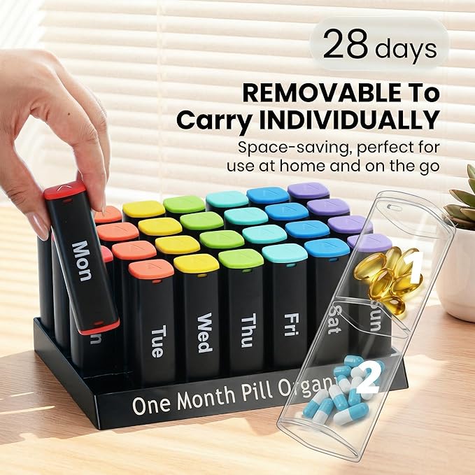 CAidRE Monthly Pill Organizer 2 Times a Day - 28 Day Pill Box AM PM, Daily Medicine Organizer for Vitamins, Supplements, Medications - Large Travel-Friendly 4 Week Pill Case for Home & Travel, Black