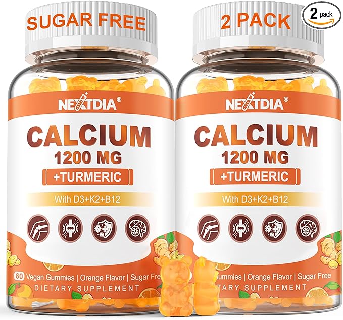 Calcium Gummies with Turmeric for Women & Men - Calcium 1200mg with Vitamin D3 K2 B12 5000 IU & Zinc, Suger-Free Calcium Supplement for Bone, Muscle Strength & Immune Support - Vegan(120 Count)