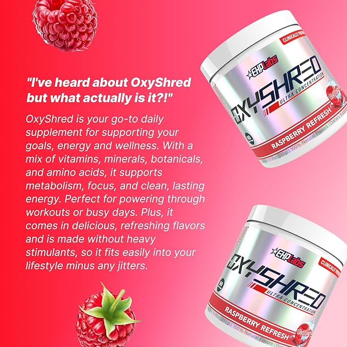 EHP Labs OxyShred Pre Workout Powder - Preworkout Powder with L Glutamine & Acetyl L Carnitine, Energy Boost Drink - Raspberry Refresh, 60 Servings