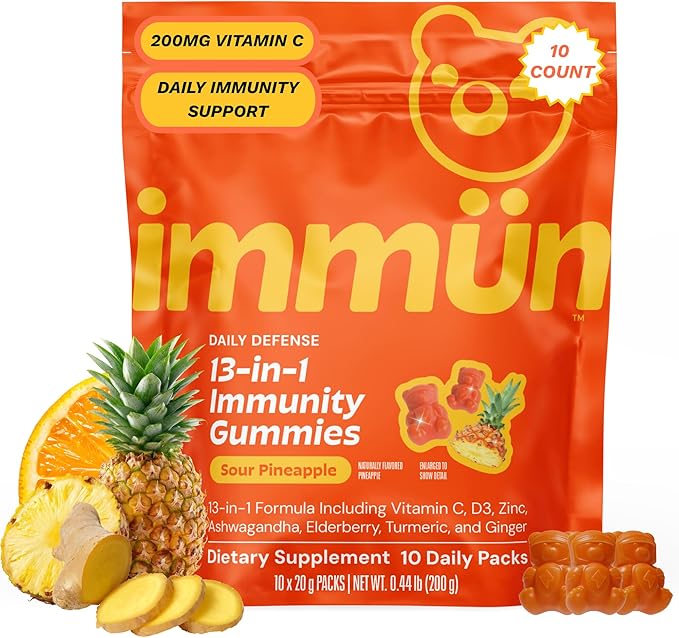 Grüns Immun Immunity Gummies with Vitamin C, Zinc, MCT Oil, & Turmeric - Daily Immune Support Supplement for Adults - Sour Pineapple Flavor (10 Count)