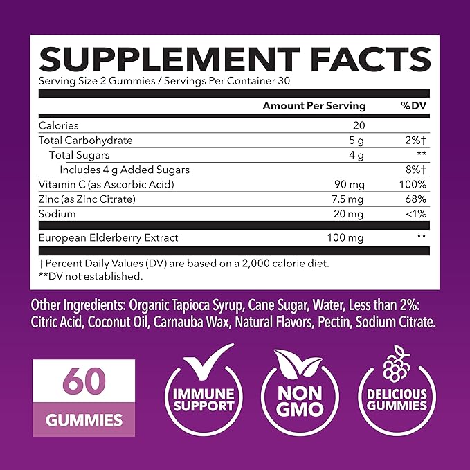 Sambucus Elderberry Gummies for Adults - Immune Support Supplement with Vitamin C and Zinc - Enhanced Formula for Daily Defense - 60 Count, 1 Month Supply, Berry Flavor - Convenient Wellness