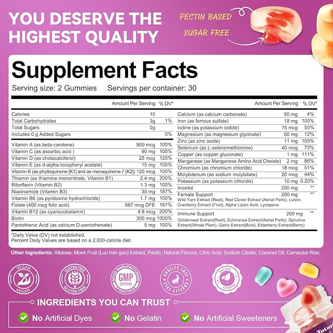 Totaria 2PCS Sugar Free Womens Multivitamin Gummies with Iron, Women's Multivitamin w/Vitamins C, D3 K2, B12, Filled Gummies for Daily Nutritional Support| Immune Support| Skin Health, Mixed Flavors