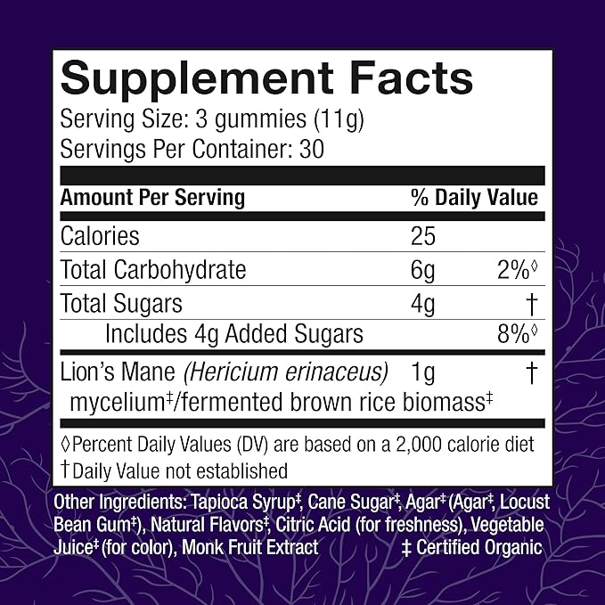 Host Defense Mushrooms Lion's Mane Gummies - Brain Health Support - Mushroom Supplement to Support Focus & Memory Function - Immune & Nervous System Support - Blueberry, 90 Gummies*
