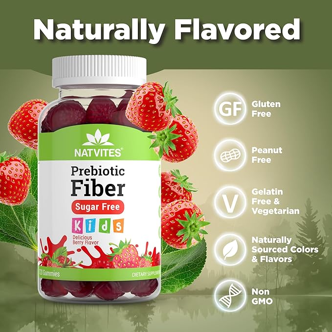 Prebiotic Kids Fiber Gummies, for Children Ages 2 & Up - Sugar Free Vegetarian Gelatin Free Non-GMO, Kids Fiber Supplements for Digestive Health (120 Count)