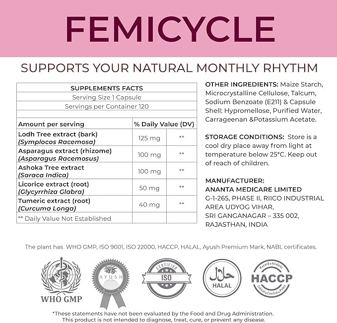 FEMICYCLE Herbal Supplement for Women – PMS, Hormonal & Menstrual Cycle Support – Lodh Tree, Ashoka, Asparagus, Licorice & Turmeric – Period Wellness Formula – 120 Vegan Capsules