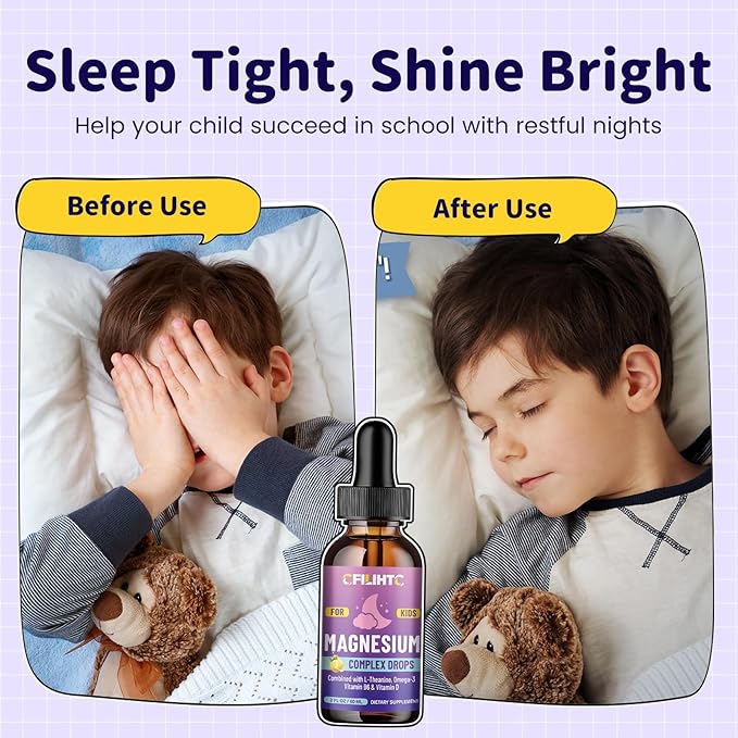 Kids Magnesium Liquid Drops-Magnesium Glycinate Liquid for Kids Supplement-w/L-theanine, Omega-3, Vitamin B6, D3 - for Sleep, Relaxation, Brain, Bones - Lemon Flavor, 4 Fl Oz