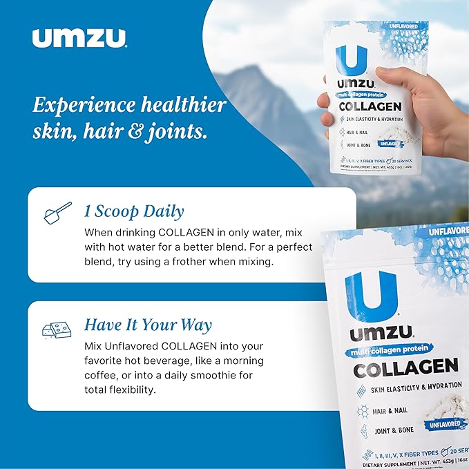 UMZU zuCollagen Multi Collagen Protein Powder, Unflavored – 5 Collagen Types I II III V X – High Protein Low Calorie Supplement for Hair Growth Skin Elasticity Joint Health and Daily Recovery Support
