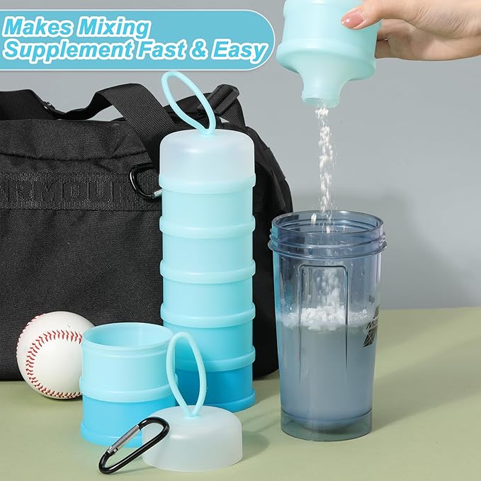 Baderke 2 Pcs Protein Powder Containers with Funnels Stand, 5 and 3 Layers Stackable Powder Supplement Travel Container Formula Organizer Storage Powders Holder for Travel Workout Fitness(White,Blue)