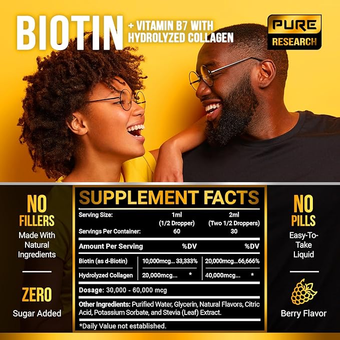 PURE RESEARCH Liquid Biotin & Collagen Hair Growth Drops 60,000mcg – Biotin and Liquid Collagen Supplements for Women & Men – Supports Glowing Skin, Healthy Hair & Nail Growth (2Fl Oz)
