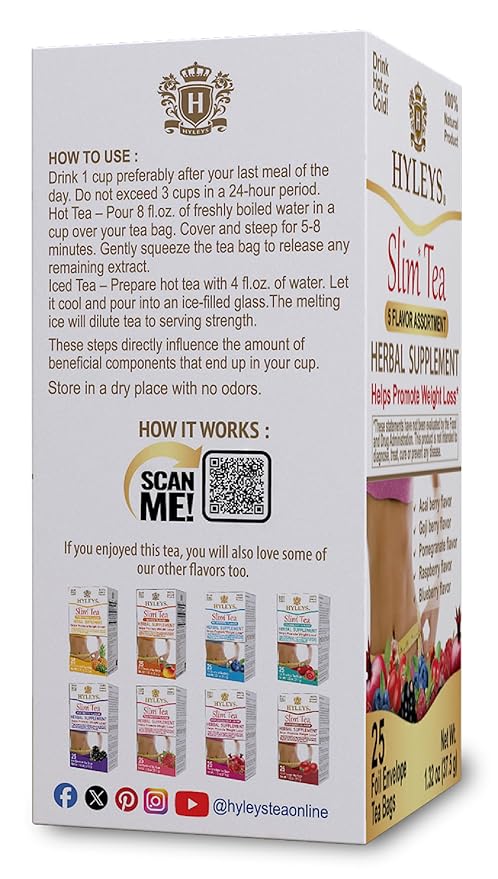 Hyleys Slim Tea 5 Flavor Assortment - Weight Loss Herbal Supplement Cleanse and Detox - 25 Tea Bags (6 Pack)