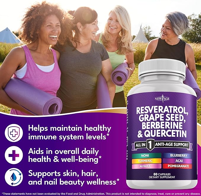NEW AGE Resveratrol, Berberine, Grape Seed Extract, Quercetin - Polyphenol Supplement for Women and Men with Noni, N-Acetyl Cysteine, Acai - 60 Capsules