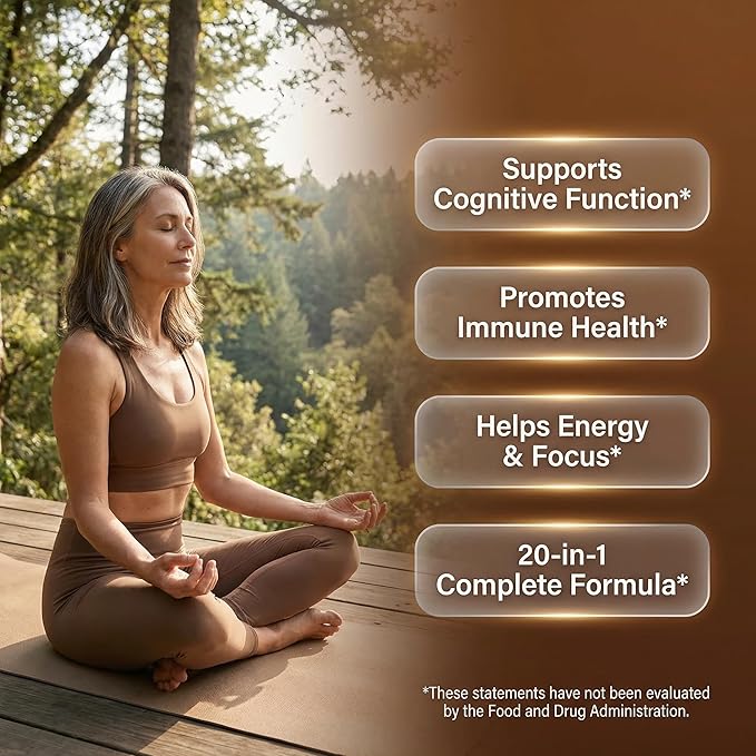 Clean Nutraceuticals Lions Mane 20in1 Mushroom Supplement with Turkey Tail Reishi Cordyceps Chaga Maitake Meshima Poria Cocos Shiitake Oyster Porcini Enoki - 1 Pack