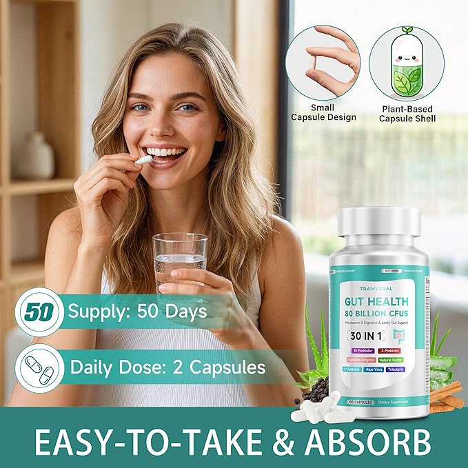 Gut Health Capsule Supplement, Supports Microbiome, Leaky Gut, and Digestion, with 80 Billion CFU Probiotics, Prebiotics, Digestive Enzymes, 30-in-1 Gut Health Supplement, 100 Capsules