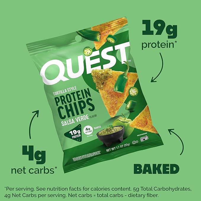 Quest Nutrition Tortilla Style Protein Chips, Salsa Verde, 19g of Protein, 4g Net Carbs, Gluten Free, 1.1 Ounce, 4 count