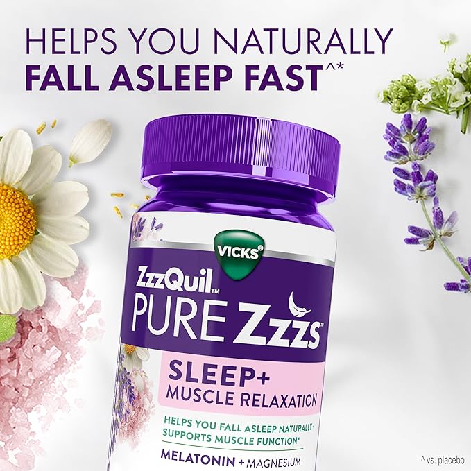 ZzzQuil Pure Zzzs Muscle Relaxation Melatonin Sleep Aid Gummies,Supports Muscle Function,Helps You Fall Asleep Naturally,Fast,Melatonin + Magnesium,No Next-Day Grogginess,Drug-Free,60ct,(Pack of 2)