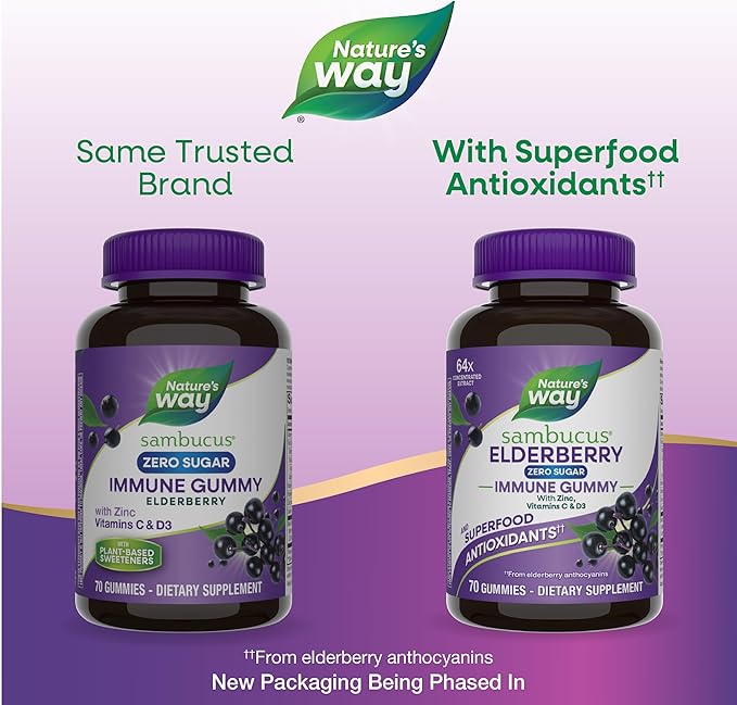 Nature's Way Sambucus Zero Sugar Immune Gummies,Daily Immune Support*,Black Elderberry Extract,Vitamin C,Vitamin D3,Zinc,Sugar Free,Sugar-Alcohol Free,Plant-Based Sweeteners,70 Gummies,(Pack of 2)