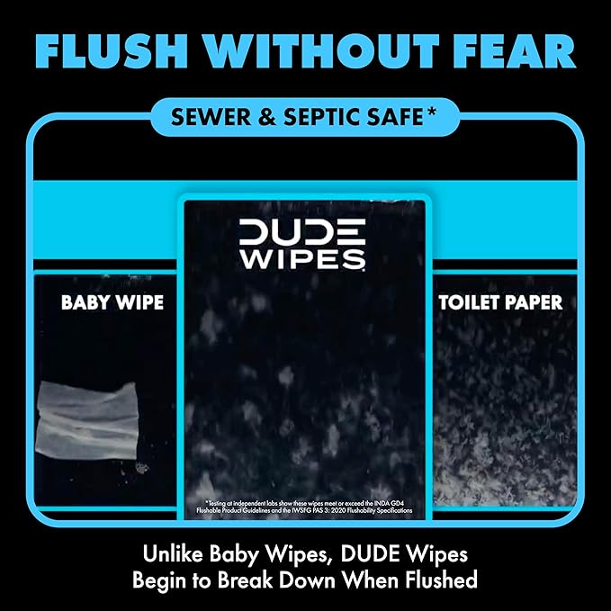 DUDE Wipes Unscented Travel Wipes - 6 Packs of 18 (108 Count) - Extra-Large Adult Flushable Wipes for Sensitive Skin - Infused with Vitamin E and Aloe - Septic and Sewer Safe