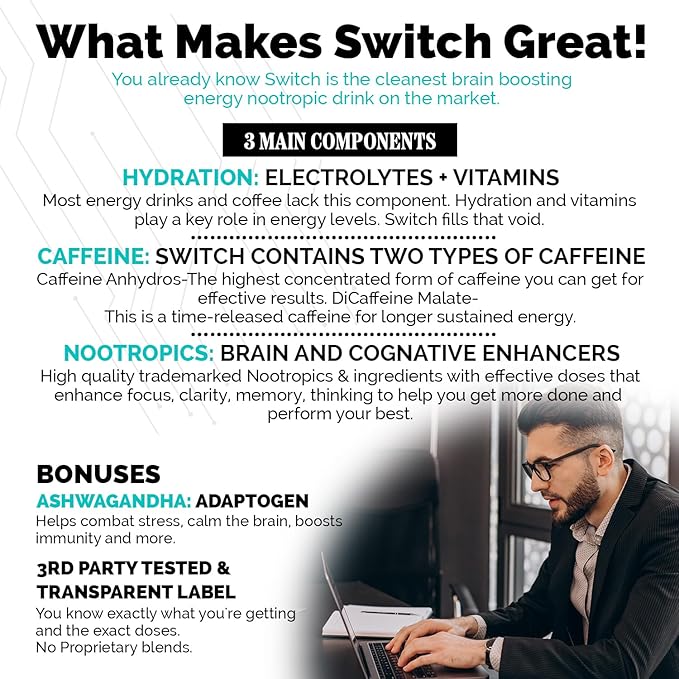 Switch, Brain Boosting Nootropic Energy Supplement Powder - Made in USA - Alpha GPC, NALT, Ashwagandha, Sugar Free Energy, Keto, Increase Mental Focus & Cognitive Function, Enhances Mood & Memory