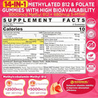 Methyl B12 5000mcg & L-Methylfolate Gummies + P5P for Women Men - Active 5-MTHF & Methylted B Complex Adult Supplement + B2 B6, Omega 3, Choline,TMG for Cellular Energy, Cognition, MTHFR Gene, 120Cts
