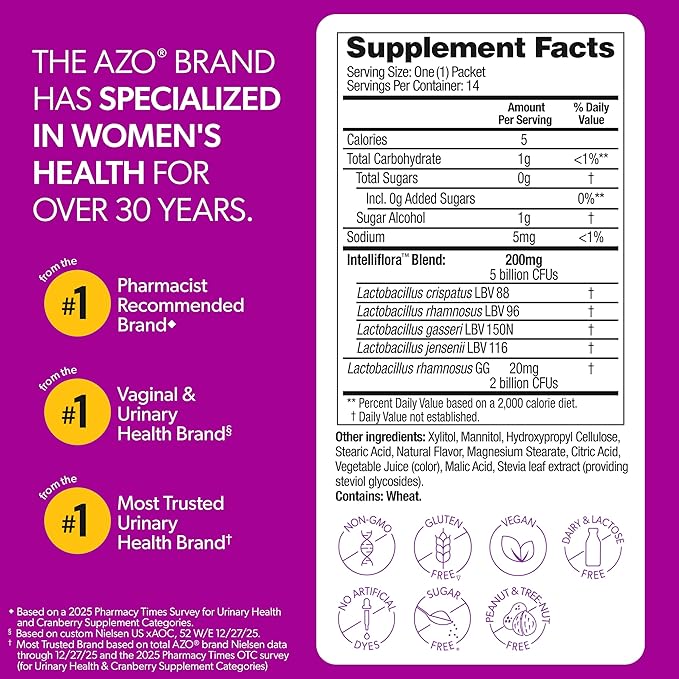 AZO Vaginal Probiotic Mini-Chews for Women, Supports Healthy Vaginal Odor, Healthy Vaginal Flora, Yeast Balance and pH*, Delicious Fruit Punch Taste, 14 Count