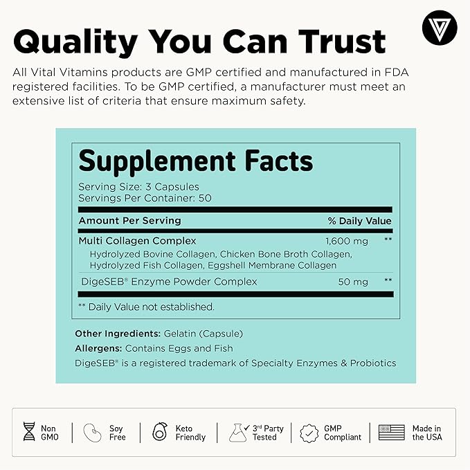 Vital Vitamins Multi Collagen Capsules (2-Pack) - Type I, II, III, V, X - Grass-Fed, Collagen Peptides Supplements, Non-GMO - for Men & Women