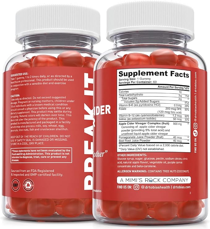 Dr. Tobias Apple Cider Vinegar Gummies with The Mother - 500mg ACV Per Serving, Plus Folate, B6, B12 & Iodine | Supports Digestive Health Gut Cleanse & Detox - Vegan (120 Gummies)