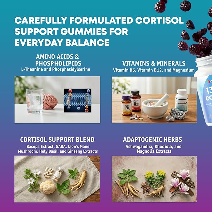 Cortisol Reducer Gummies for Women Men - 13-in-1 Daily Cortisol Detox Manager Supports Stress Mood Balance Focus & Health Balance - Reduce High Cortisol with Ashwagandha Magnesium L-Theanine