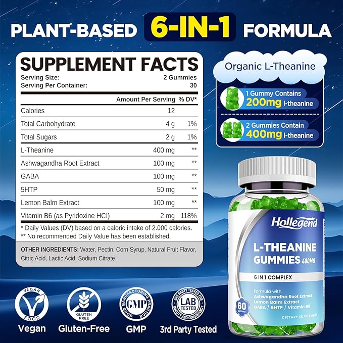 L-Theanine Gummies, l'theanine 400mg with Ashwagandha, GABA, 5HTP,L-Theanine Chewable Supplement for Relax, Zzz & Focus Support, Vegan, Lemon Flavor, 60 Counts
